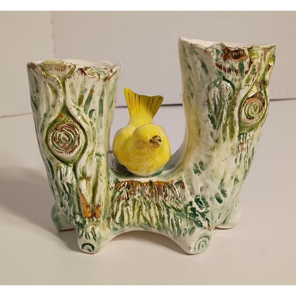 Ucagco Yellow Bird on Tree Trunk Ceramic Double Vase Japan Vintage Cottagecore